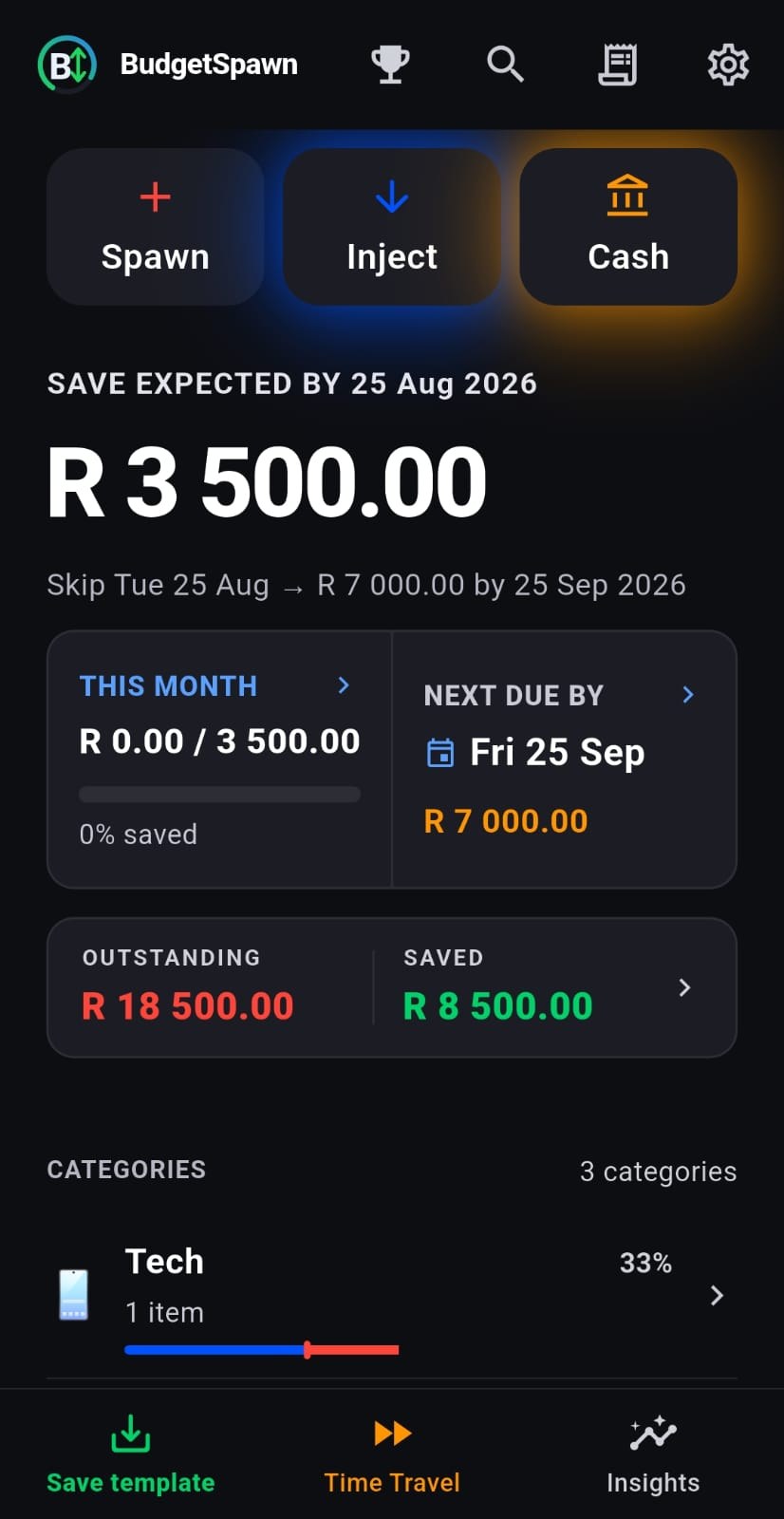 The BudgetSpawn dashboard, showing what is due this payday, what is still outstanding and what is already saved.